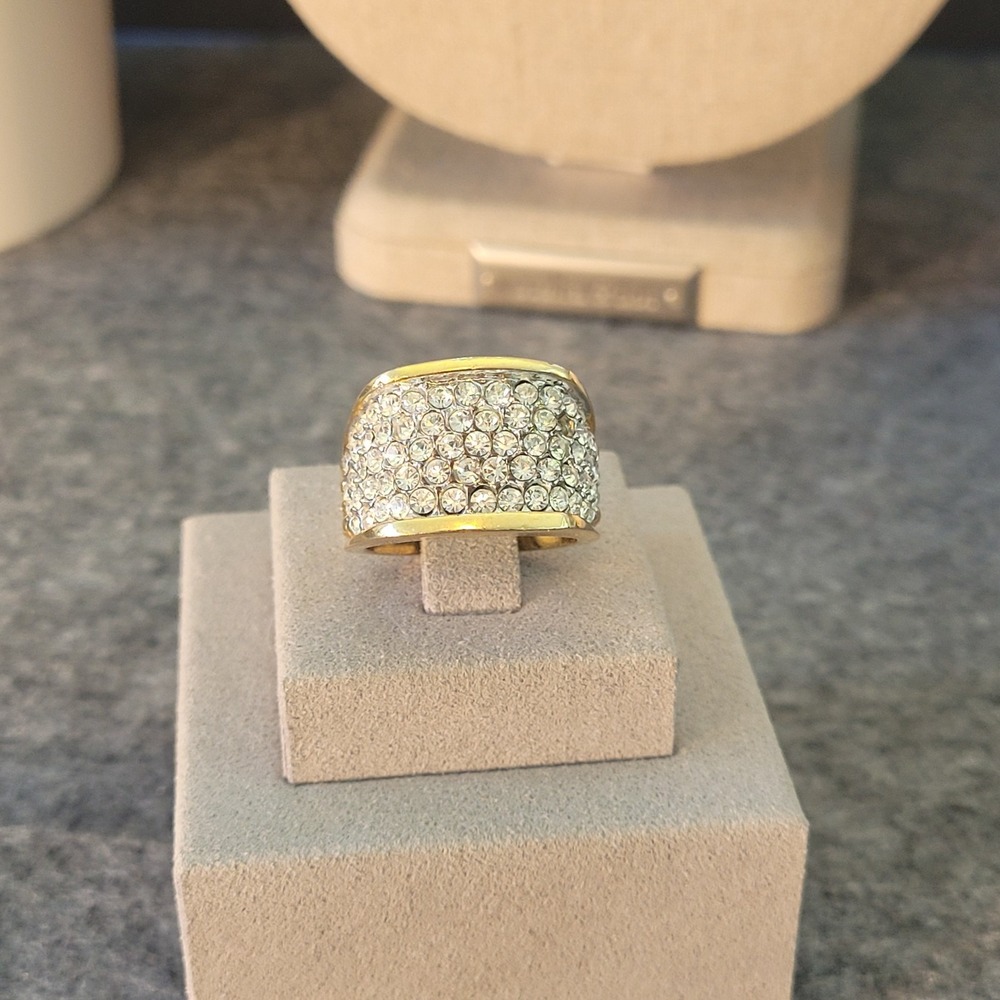 18K Gold Plated Crystal Pave Wide Statement Cocktail Ring Size 8.5